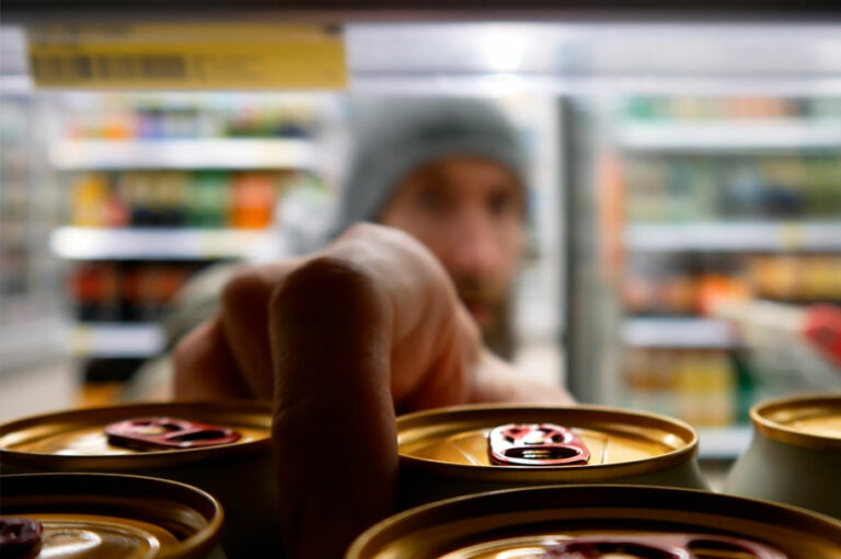 Foto de um homem de barba comprando cerveja. Observatório da APS - Alcoolismo